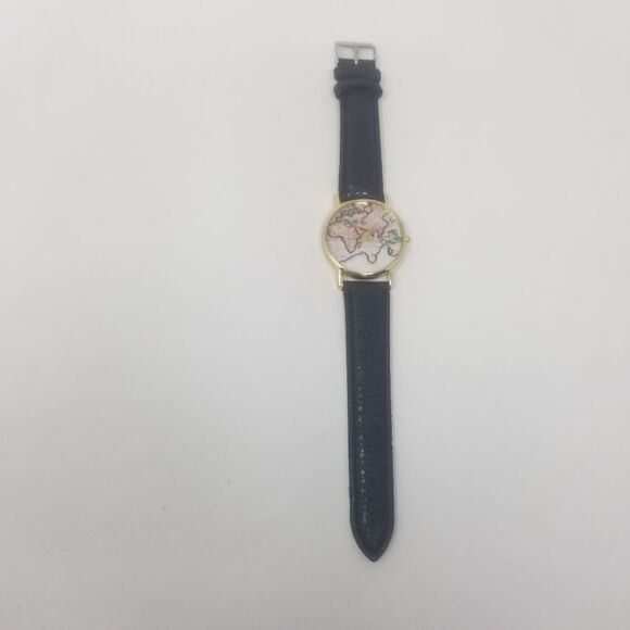 World Map Fashionable Vintage Inspired Gold Bezel Black Faux Leather Wristwatch - Picture 6 of 9